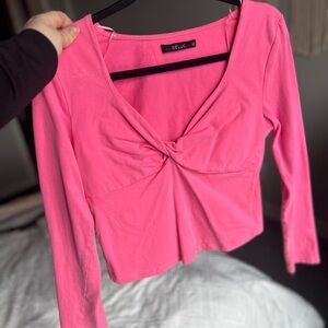 Deluc Hot Pink Twist-Front Long Sleeve Top